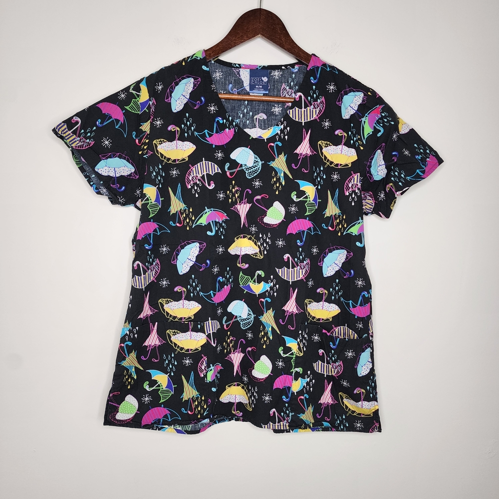 Zoe + Chloe Womens Colorful Umbrella Print Workwear Scrub Top Size Medium